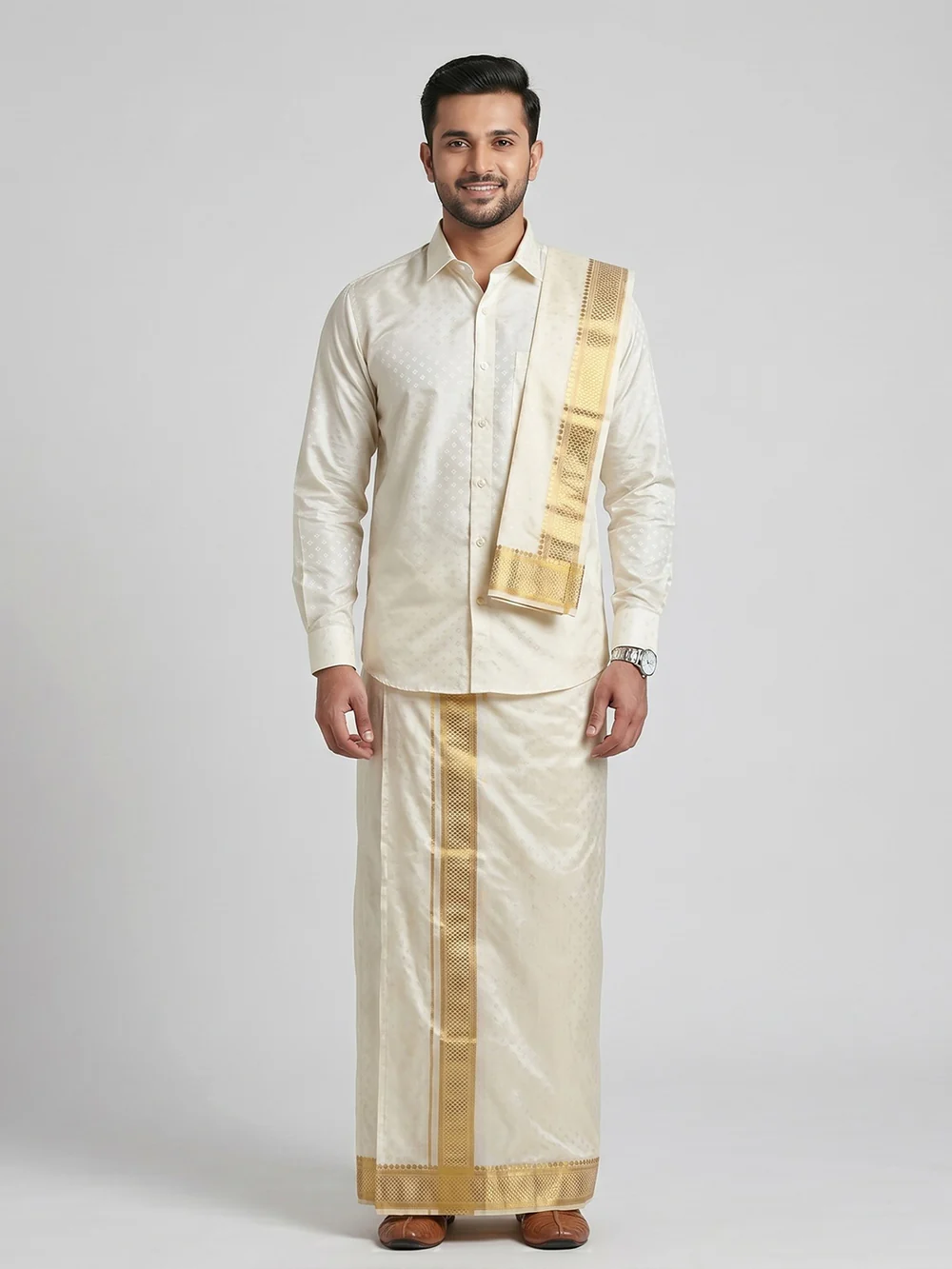 Men Art Silk Cream Self Design Shirt & Dhoti Towel Set Parinayam Grand CRJD1
